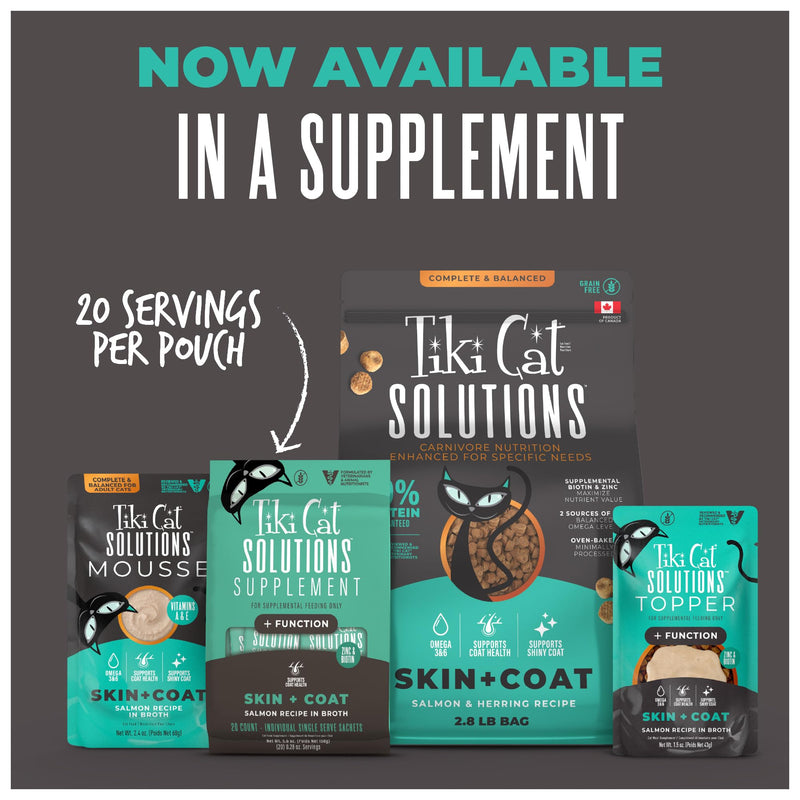 Tiki Cat Solutions Supplements Skin & Coat Mousse, Salmon in Broth, Formulated with Omega Fatty Acids, Functional Cat Food Supplement, 5.6 oz. Pouch (Pack of 20)