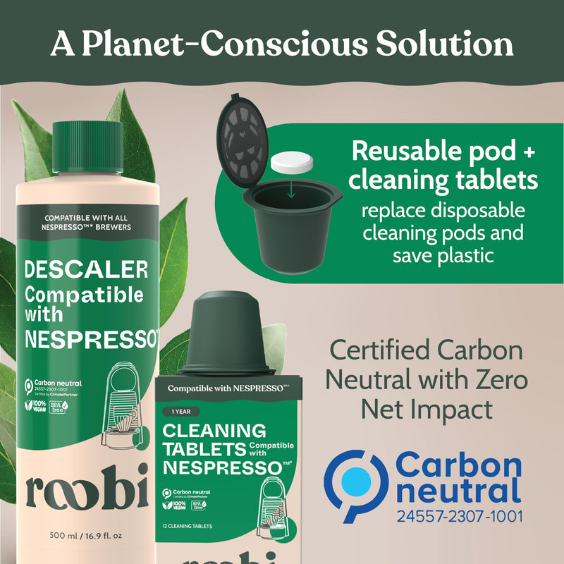 Roobi Descaling and Cleaning Kit Compatible with Nespresso Originaline. Includes 1 Bottle of Descaling Solution, 12 Cleaning Tablets and 1 Reusable Pod. Carbon Neutral. 1 Year Supply. Descaling & Cleaning Kit