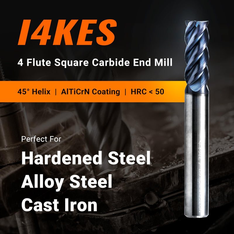 ACCUCUT I4KES 3/16” Carbide Square End Mill - 4 Flute Milling Bit for Steel, Forge Steel, Hardened Steel, Copper, Alloys & Materials < HRC 50-45 Degree Helix, AlTiN Coating CNC Router Bit 3/16 in 1