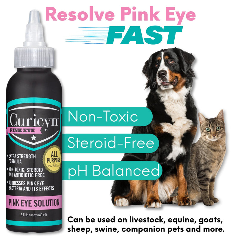 Curicyn Pink Eye Solution, Conjunctivitis Eye Drops for Dogs, Cats, Livestock and Horses – Pain Free, Non-Steroidal Dog Eye Wash with Purified Anolyte - Effects Observed in 1-3 Days 3 oz - PawsPlanet Australia