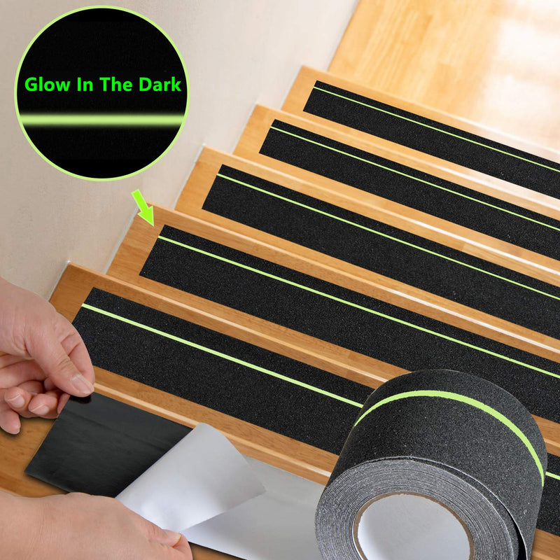 COSIMIXO 4" x 33FT Anti Slip Tape with Glow in The Dark Stripe,Premium Grip Tape Non Slip Stair Treads Tape,Non Skid Tape, High Traction Adhesive for Stairs Step Black/Green 4Inch x 33Ft
