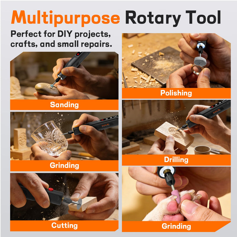 Cordless Rotary Tool Kit 20000RPM, 5-Speed Rechargeable Engraving Pen for Metal, Wood, Glass and Plastic, Power Rotary Tools with 113 Accessories & LED Light, Electric Carving Pen for DIY
