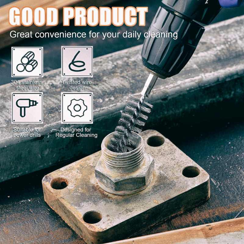 MAXMAN Wire Brush for Drill, 12pcs Stainless Steel Bore Brush with 1/4” Hex Shank, Durable Metal Bristles Twisted, 12 Size for Metal, Pipes, Tubes Cleaning, Rust & Paint Removal, Fits Power Drill Stainless Steel-12 Piece