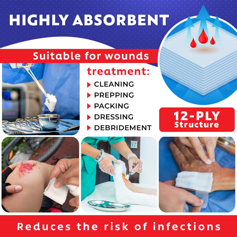 100pc Large Sterile Gauze Pads 4x4 Sterile for Wounds Bulk - 12ply Woven Gauze Sponges 4x4 Sterile - USP IV Breathable Mesh 4x4 Gauze Pads Sterile for Enhanced Absorption - First Aid Medical Woven Gauze Pads 100% Cotton Woven 4"x4" 100 Count