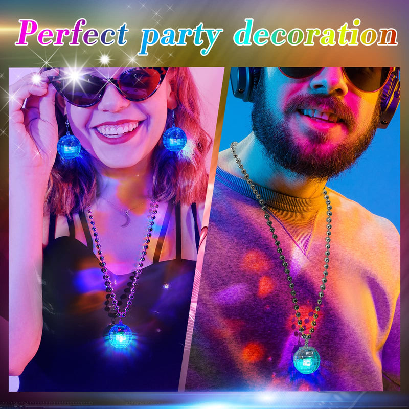 Sasylvia 2 Pcs LED Disco Ball Necklaces Light up Disco Party 70s Necklace And 2 Pairs Light up Disco Ball Earrings Sets for Birthday Disco Party Favor Halloween Christmas Gifts(Multicolor)