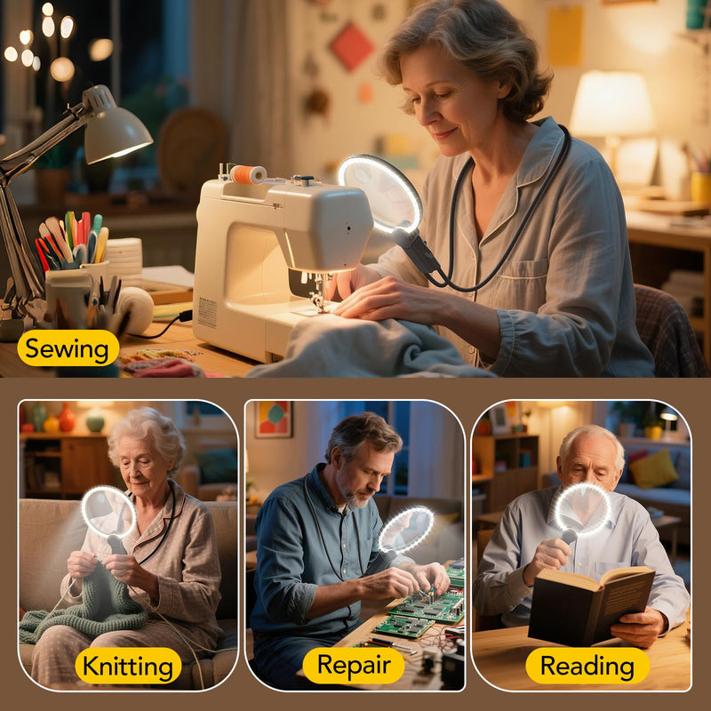 2500mAh Magnifying Glass with Light, 5X/10X Hands Free Magnifier for Reading, Sewing, Knitting, Cross Stitch & Crafts, Lighted Magnifier for Seniors & Low Vision 2500mah Long