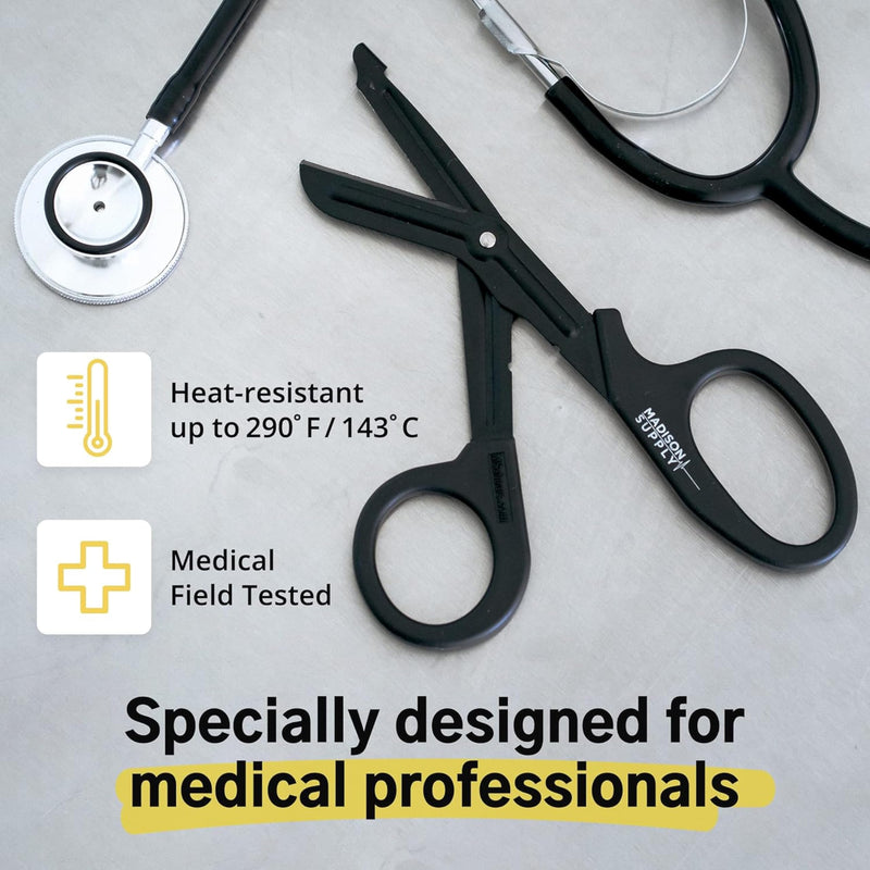 Madison 7.5" Premium Stainless Steel Nurse Scissors with Non-Stick Blades, Fluoride-Coated - 1pk, Black 1-Pack Black Handle/Black Coated Blades