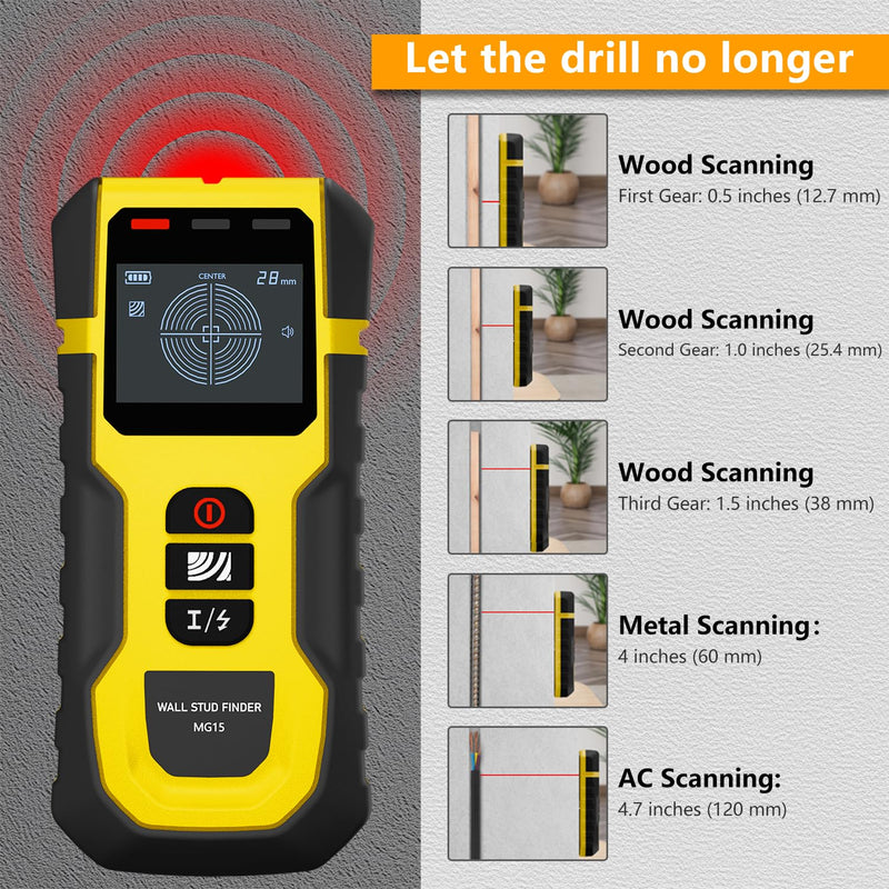5-in-1 Stud Finder with Intelligent Sensor, HD LCD Display and Audible Alarm, Wall Scanner for Metals, AC Wires, Wood and Pipes - Professional Electric Wire Detector