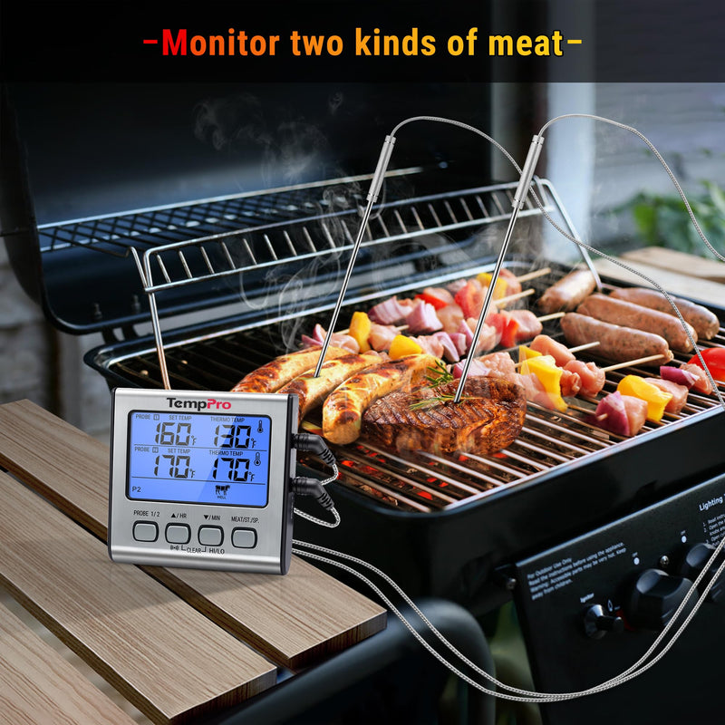 TempPro TP17 Dual Probe Digital Cooking Meat Thermometer Large LCD Backlight Food Grill Thermometer with Timer Mode for Smoker Kitchen Oven BBQ, Silver (Previously ThermoPro) 2-probes