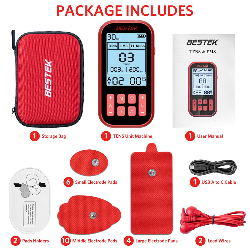 BESTEK TENS Unit Muscle Stimulator, 3-in-1 60 Program with 20 Replacement Pads, Rechargeable EMS Massage Machine for Back, Sciatica,Shoulder,Knee Pain Relief