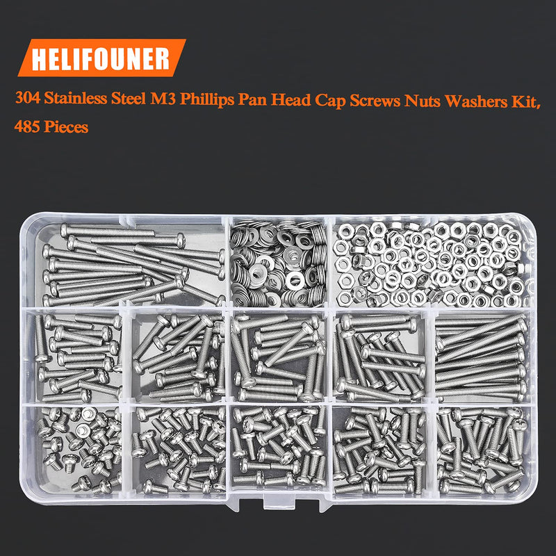 485 Pieces M3 x 4mm /6mm /8mm /10mm /12mm /14mm /16mm /18mm /20mm /25mm / 30mm, Phillips Pan Head Machine Screws, Metric Screws Bolts Washers Nuts Kit, 304 Stainless Steel 485 Pieces M3 Screw Kit