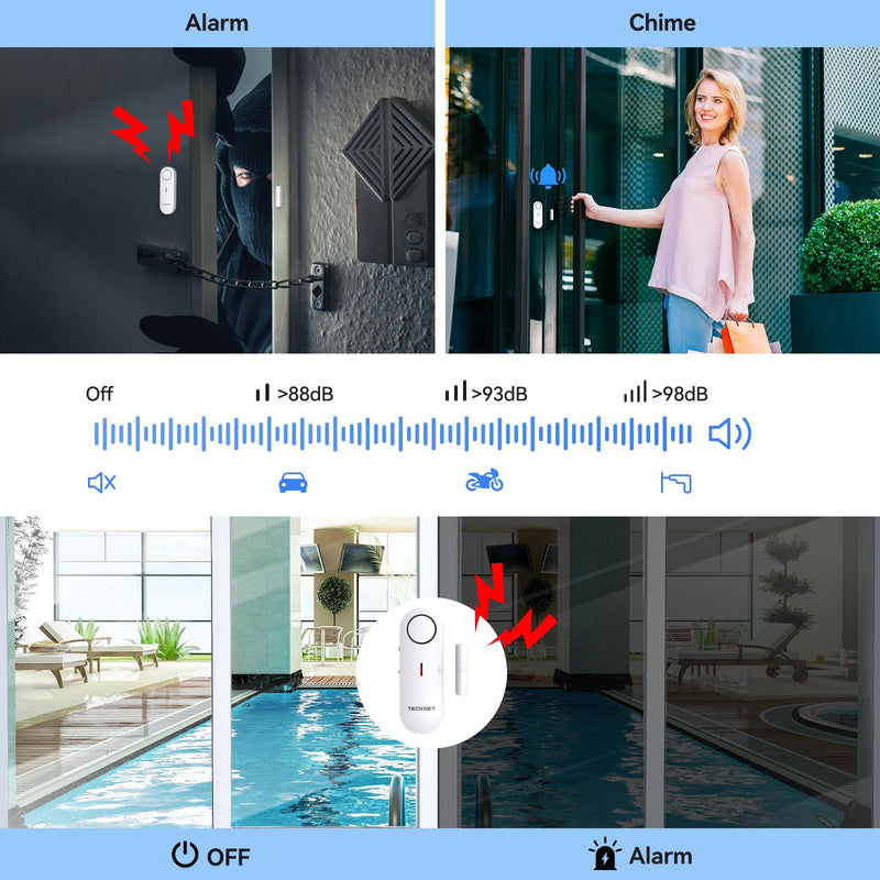 TECKNET Door Alarms for Kids Safety, Window Alarm Pool Alarms Door Alarm for Home Security, 2-in-1 Alarm & Chime, 3-Level Volume Control, Wireless Alarm for House Hotel Cars Sheds Caravans (9 Pack) White-9Pack