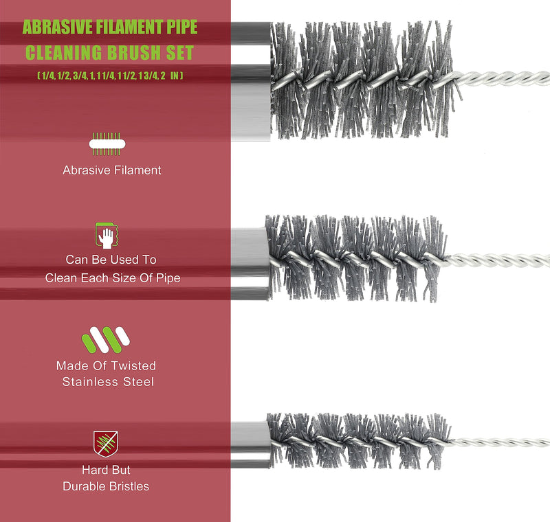 16 Inch Extra Long Pipe Cleaning Brush Set Abrasive Filament, 8 Piece Variety Pack for Removal of Rust, Corrosion, Paint, Etc. Nylon