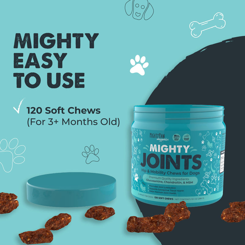 Mighty Paw Waggables Joint Support Supplement for Dogs (Made in USA) | Glucosamine for Dogs Hip and Joint Supplement. Vet Formulated Pet Mobility, Chondriotin & MSM Pet Chews (120 Ct) - PawsPlanet Australia