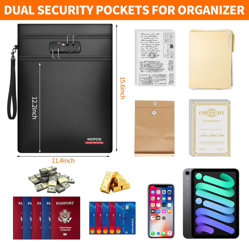 Noiposi 6400℉ Fireproof Document Bag with Lock,Dual-Zip Compartments 15x11 inch Fireproof Bag for Legal Letter Documents,12 Layers Heat Insulated Fireproof Waterproof Document Bag for Valuables Black