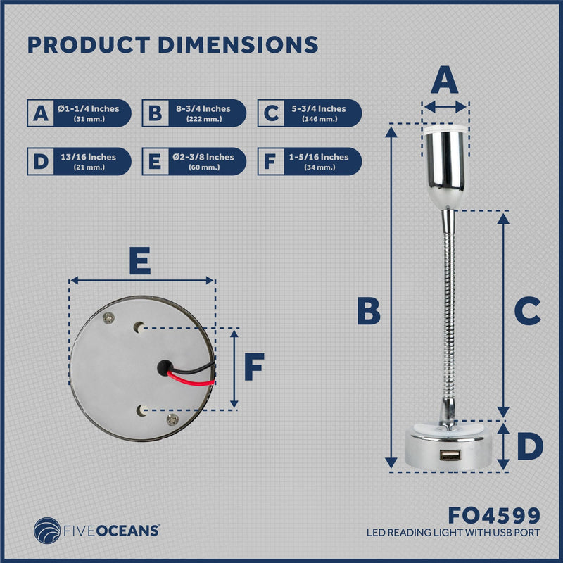 Five Oceans LED Reading Light with USB Charging Port, 12V Warm White, Touch On-Off Switch, Flexible Gooseneck Style RV Interior Lighting for RV, Boat, Camper - FO4599
