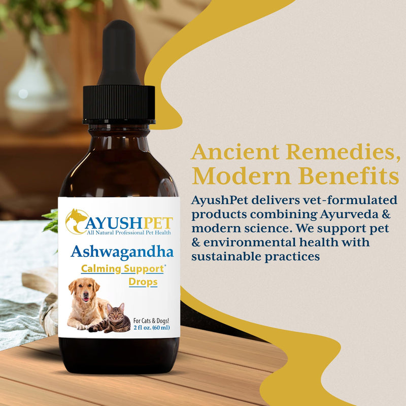 Ayush Pet Stress Support Ashwagandha Drops, Calm and Focus for Dogs or Cats, Alcohol Free Supplement, 2 oz.