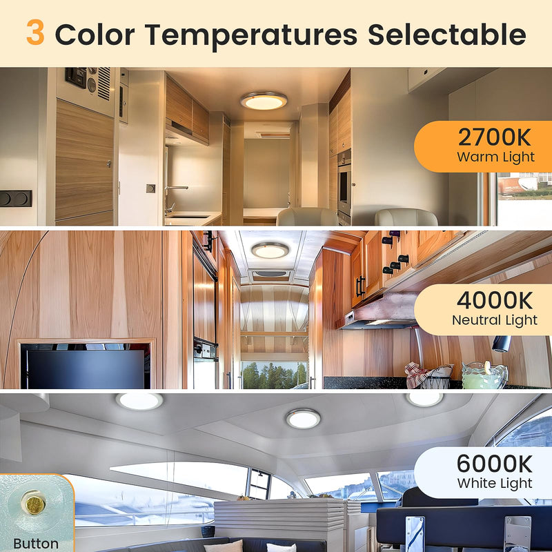 7" LED Marine Boat Ceiling Dome Light 3CCT RV Lights Interior Stainless Surface Mount Cabin Lights with Push Button 12V Light Fixture for Truck Camper Trailers Yacht Silver