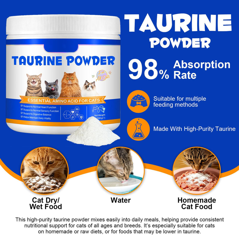Taurine Powder for Cats, 200g High Purity Taurine Supplement for Heart, Vision Support, Digestive Balance & Daily Vitality, Unflavored Amino Acid Powder for Homemade & Raw Diets Taurine for Cats
