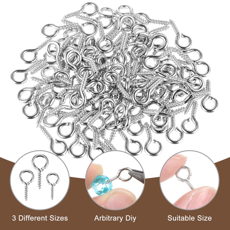 300 Pcs Screw Eye Pins 3 Sizes Small Screw Threaded Eye Pin Hooks Mini Stainless Steel Eyelet Screws Hooks for Jewelry Making DIY Art Craft Indoor & Outdoor Use