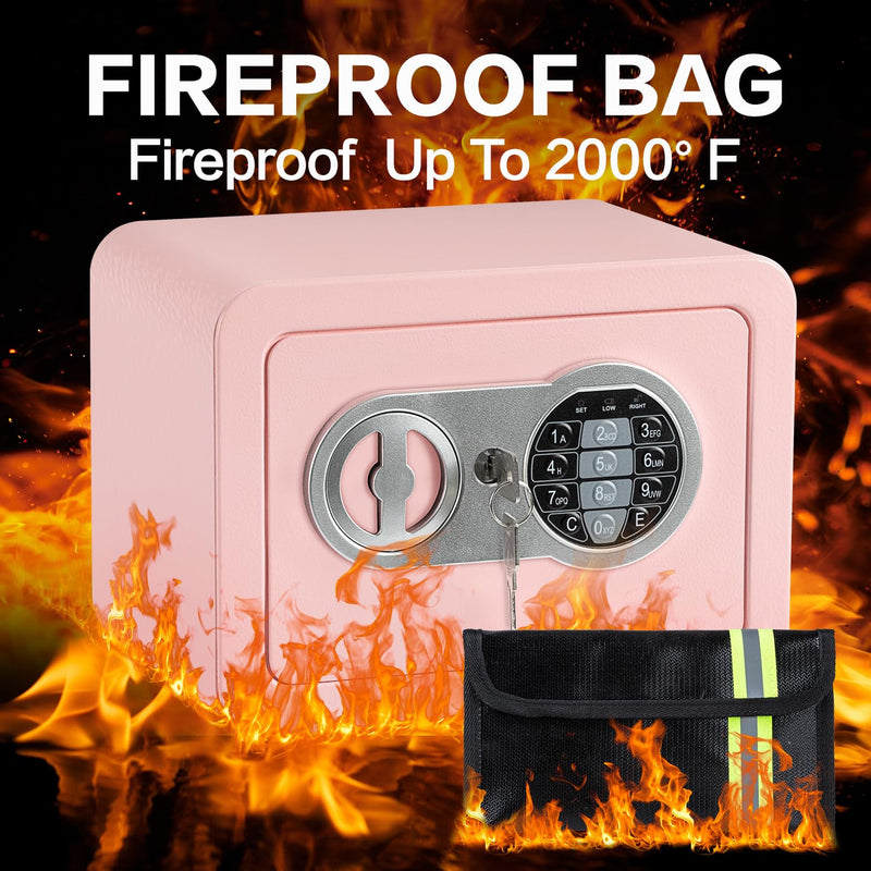 0.23 Cubic Feet Safe Box, Small Safe W/Fireproof Bag, Keys & Pass Code, Digital Electronic Security Money Box for Cash, Document, Home, Office, Hotel Use, Pink, 6.69"D x 9.06"W x 6.69"H 0.23 Cubic Feet