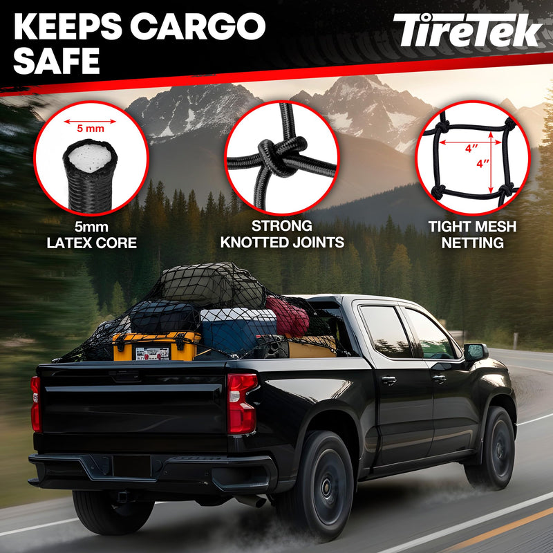 Cargo Net for Pickup Truck Bed (4'x6' Stretches to 8'x12') Double Thick Heavy Duty Pickup Truck Bed Organizer Accessories - 12 Metal Carabiners, Bungee Mesh Accessory with Strap Hooks 4' x 6'