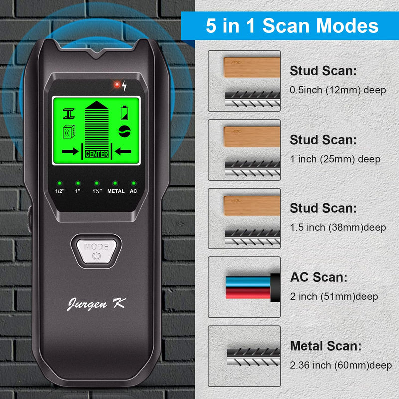 Stud Finder Wall Scanner, 5 in 1 Multifunction Stud Locator with Upgraded Smart Sensor, HD LCD Display and Audio Alarm for The Center & Edge of Metal, Studs, AC Wire, and Pipe Detection (Dull Black)