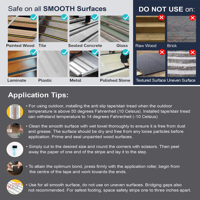 Anti Slip Tape with Roller, 3” x 35Ft, Non Slip Safety Grip Tape for Stair Step Outdoor/Indoor, Waterproof Non Skid Tape for Bathtub, Boat, Pool, Comfortable for Bare Feet, Caution Yellow/Black 3" x 35' + Roller Yellow and Black 1