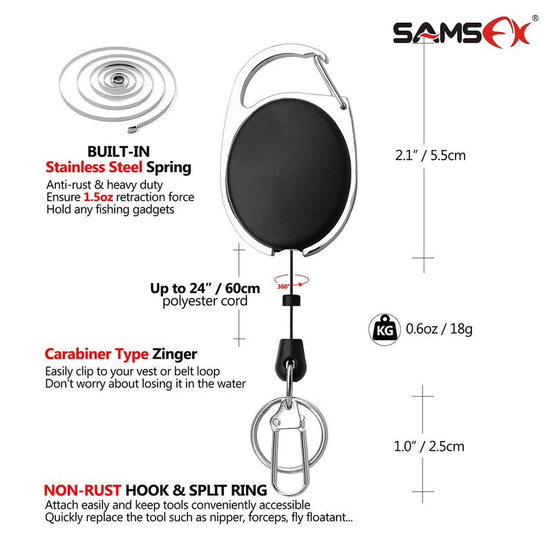 SAMSFX Fly Fishing Nippers, Tippet Cutter, Leader or Line Clipper with Hook Eye Cleaner & Comfy Grip, Zinger Retractors Combo Oval Retractors, 24" Nylon Cord