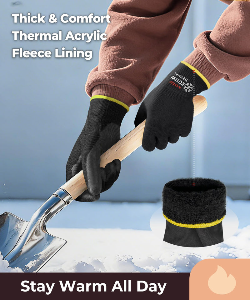 KAYGO 12 Pairs Winter Work Gloves for Men and Women, Thermal Insulated Safety Work Gloves PU Coated, Super Grip,Ideal for Freezer Work,Black,L Black (Thermal) Large