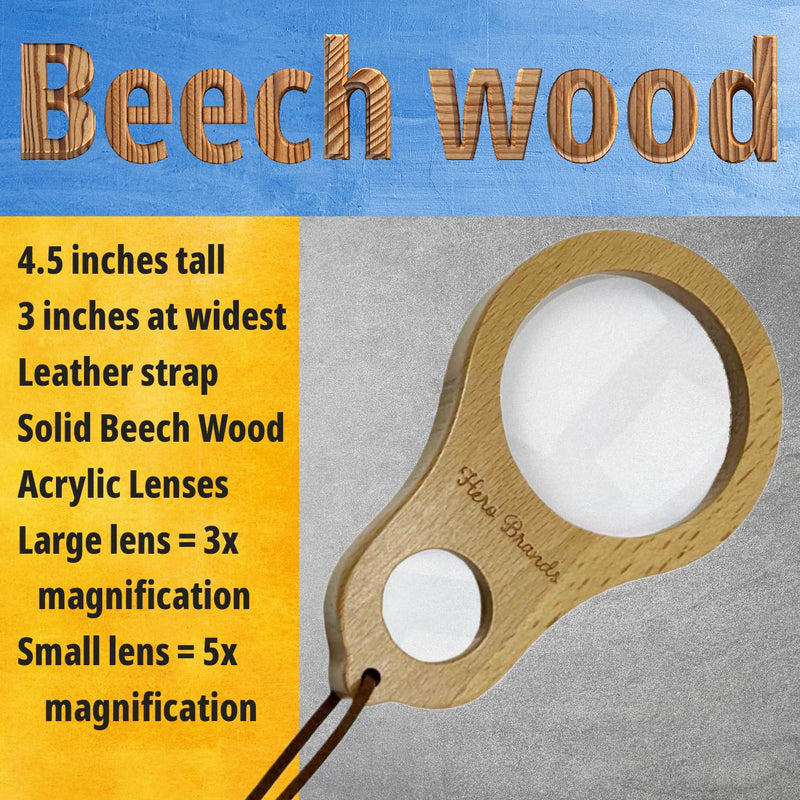 Adventure Set - 2X Wood Magnifying Glass for Kids with 4 Pictures - Wooden Montessori Toy - Learn and Explore 2 Pieces