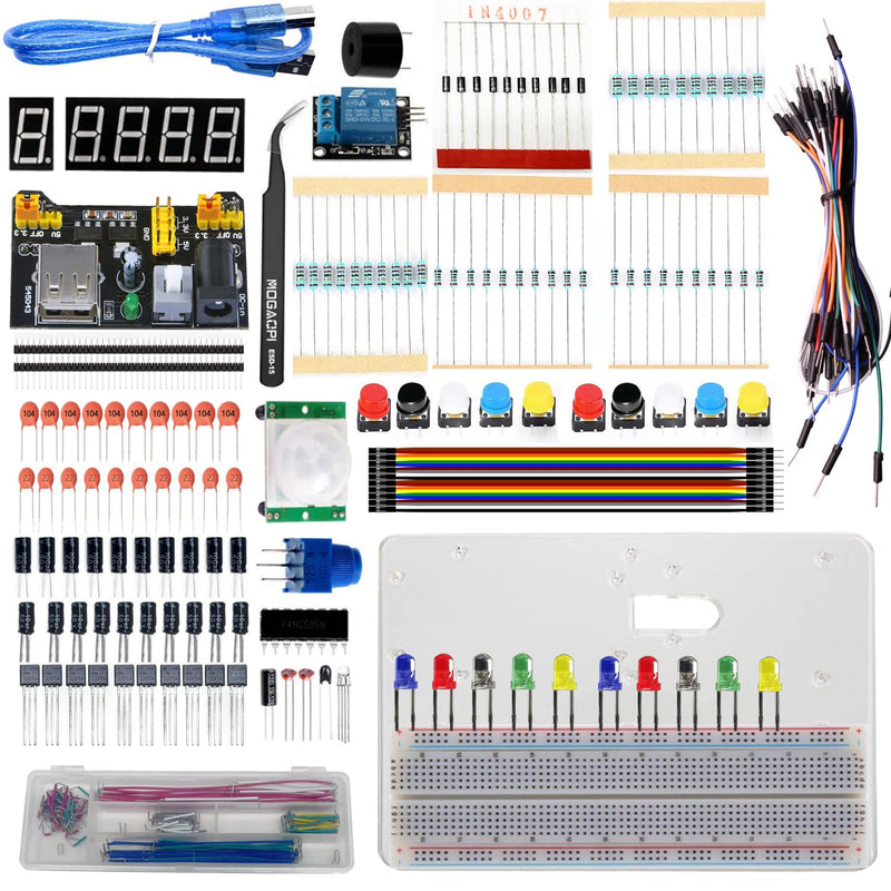 Electronics Component Fun Kit, Component for Arduino/Raspberry Pi, Breadboard, Power Supply Module, Jumper Wire, LED Diode, Resistors, Tact Switch, Potentiometer, Capacitor, Transistor