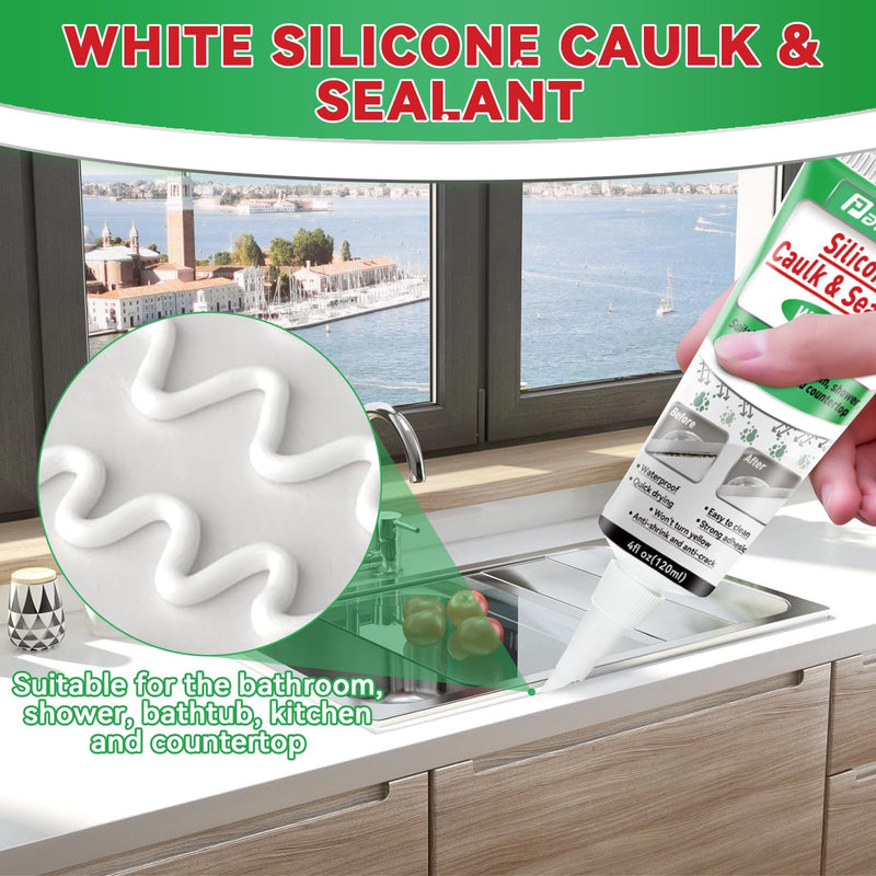 White Silicone Caulk Bathroom, White Caulking Silicone Waterproof, Bathroom Caulk for Kitchen & Bathroom, Shower, Countertops, Long-Lasting, Shrink & Crack Proof