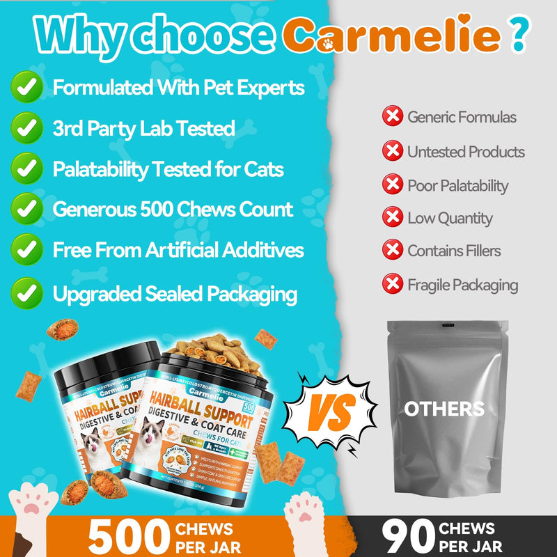 Carmelie Cat Hairball & Calming Chews Bundle, 500 + 500 Crunchy & Creamy Chews – Melatonin, Chamomile & Digestive Fiber Support – Hairball Control & Stress Relief – Chicken & Krill Flavor