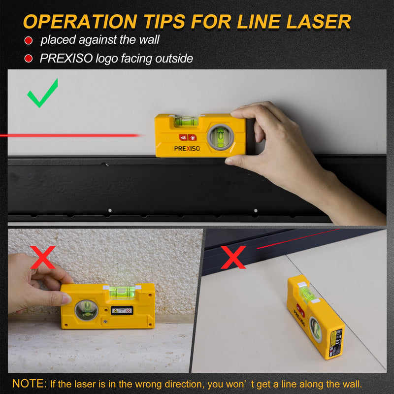 PREXISO 2-in-1 Line Laser Level - Mini Torpedo Level with Light, 3-3/4 inch 90°/180° Magnetic Pocket Level & 30Ft Laser Line Leveler Tool for Hanging Picture, Wall Marking Painting, Home Renovation Fixed Vial