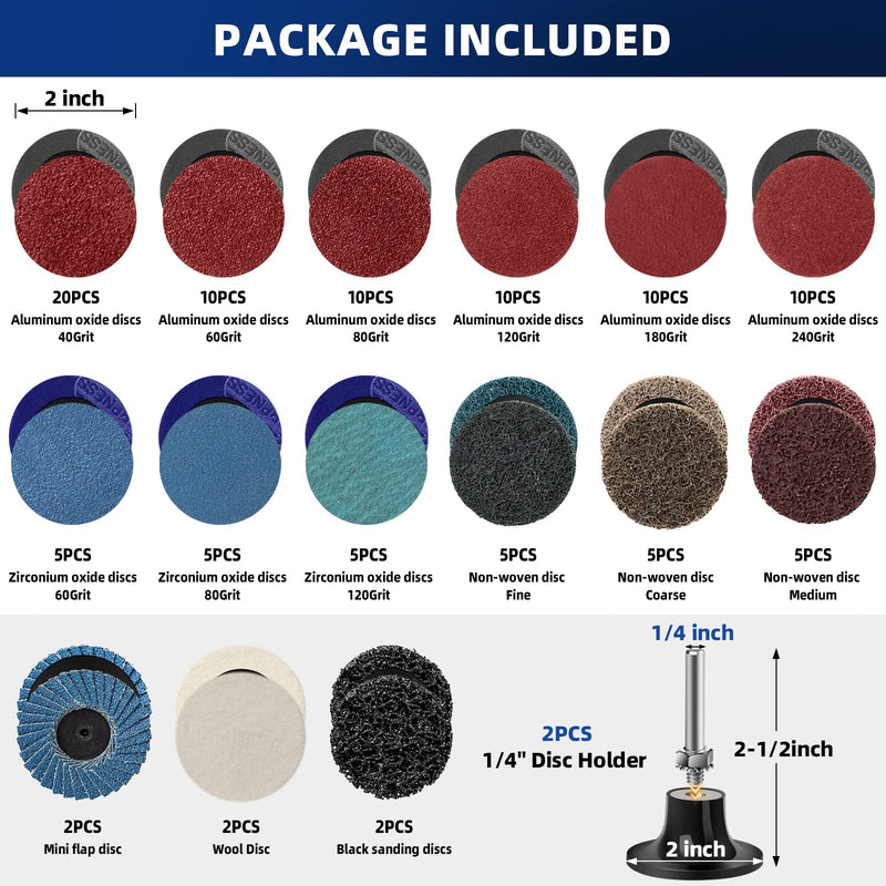 108Pcs Sanding Discs Set 2 inch Quick Change Disc with 1/4 inch Holder Surface Conditioning Disc for Die Grinder Surface Prep Strip Grind Polish Burr Finish Rust Paint Removal 108
