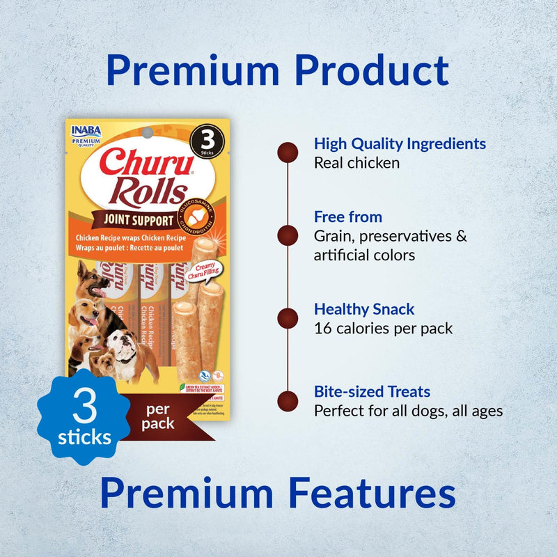 INABA Churu Rolls Joint Support for Dog, Functional Lickable Dog Treat with Taurine & Green Tea Extract, 1.26oz Each, 18 Tubes Total, Chicken Recipe
