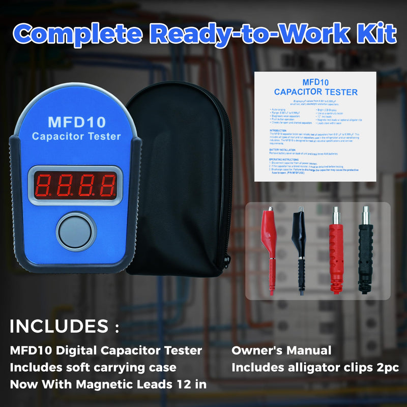 MFD10 Capacitor Tester, Digital Capacitance Meter with LED Display, 0.001µF to 9999µF Range, ±5% Accuracy, for HVAC Appliance Motor Start/Run Capacitor Testing (Black)