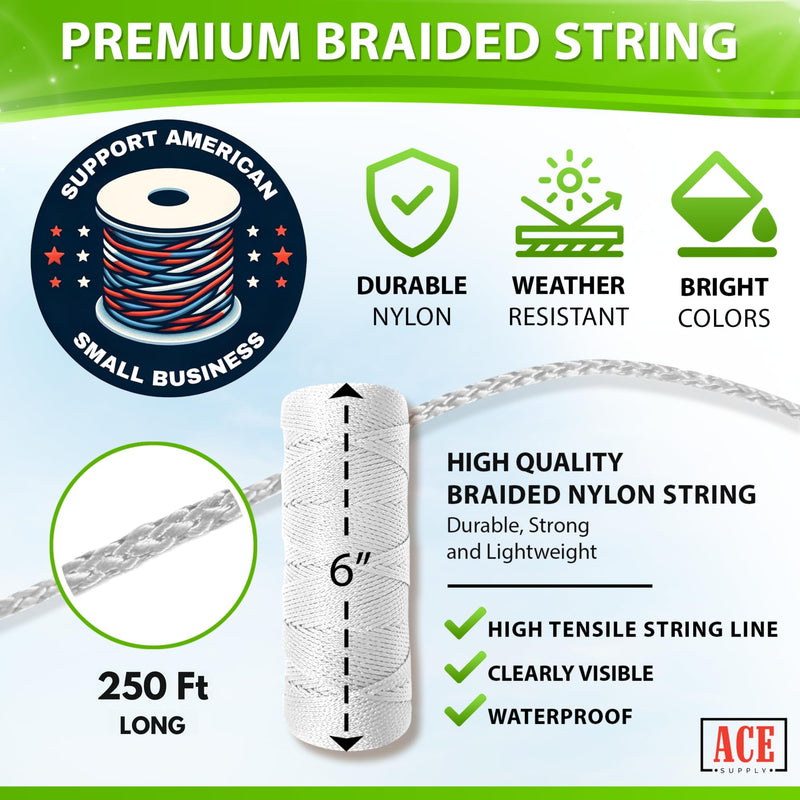 Bright White Mason Line String Line - #18 Braided Nylon String - 250 Ft Length - Nylon Twine for Gardening Or Masonry Tools - Perfect Construction String for A String Level, Twine String for Gardening 250 Ft Roll