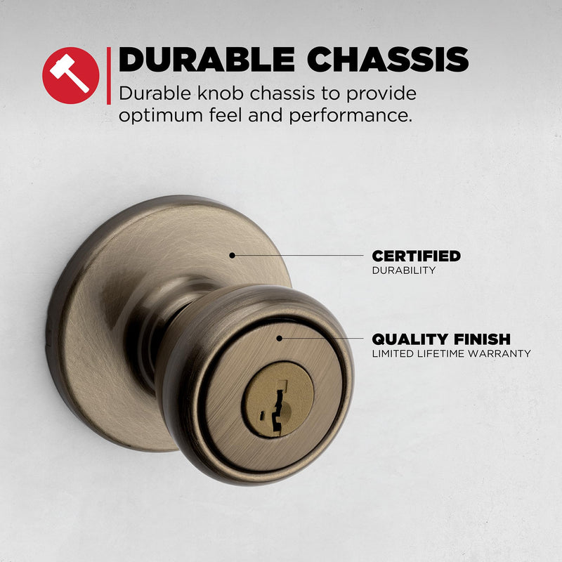 Kwikset Tylo Entry Door Knob with Lock and Key, Secure Keyed Handle Exterior, Front Entrance and Bedroom, Antique Brass, Pick Resistant SmartKey Rekey Security and Microban Updated Packaging
