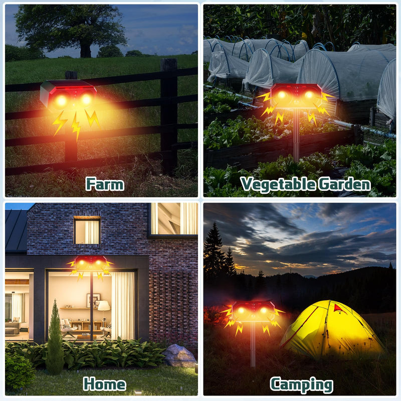 Qualirey 2 Pcs Solar Outdoor Motion Sensor Alarm with Stake Animal Deterrent Dog Barking Sensor 13 Sound 130db Loud Noise Maker 4 Mode with USB Remote Control Support Recording Volume Adjustment
