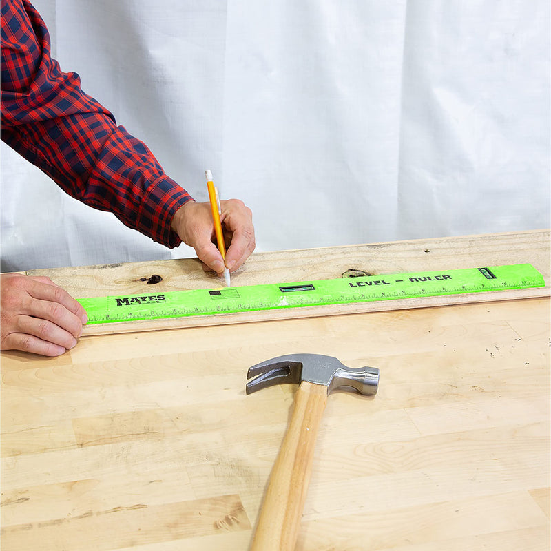 Mayes 10743 Polystyrene Level Rule, 24 Inch Leveler Tool, Straight Edge, Easy to Read Center Finding Measurements, With Plumb and Level Vials, Green Standard
