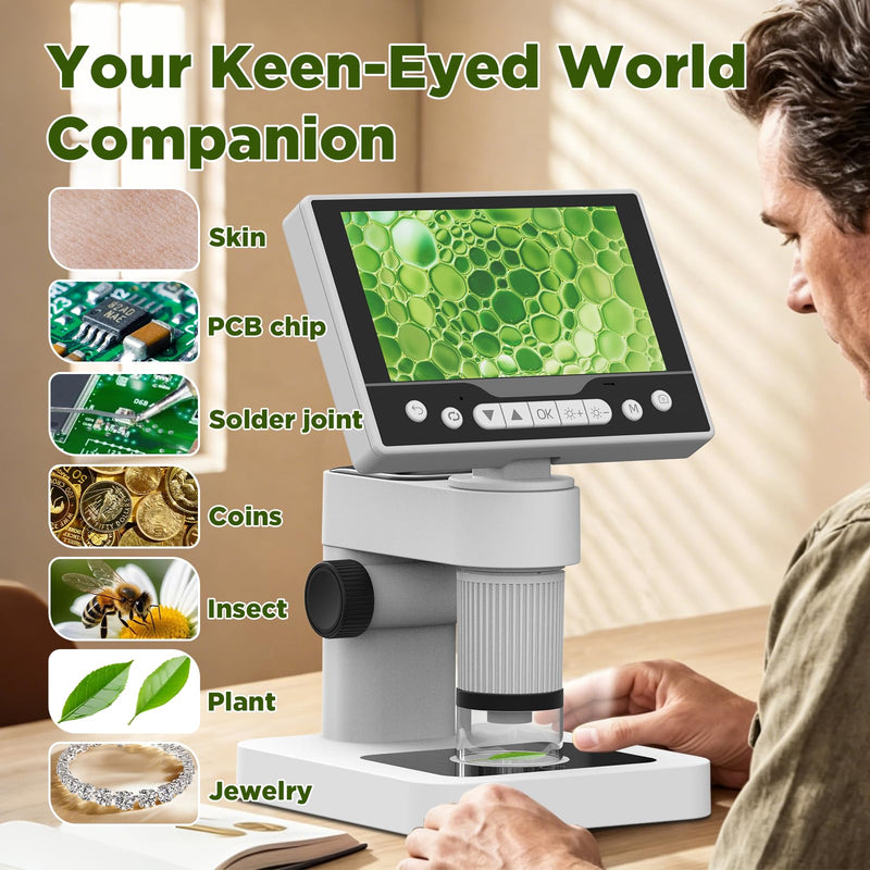 Digital Microscope, 12MP 1080P Handheld Microscope with 8 Adjustable LED Lights, 5" LCD Screen Coin Microscope 1000X, USB Microscope for Windows/MacOS, White