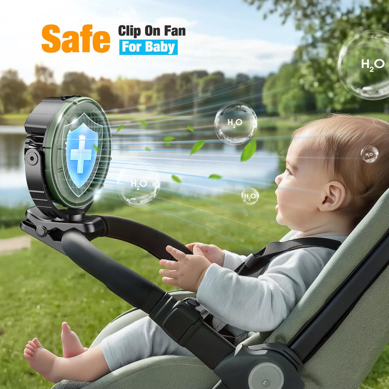 Ausic Portable Misting Clip on Fan, Golf Cart Fans, Max 45H Runtime, 100ml Camping Stroller Fan with LED, 360° Rotate Cooling Spray, Outdoor Rechargeable Battery Fans for Travel/Home/Beach Green