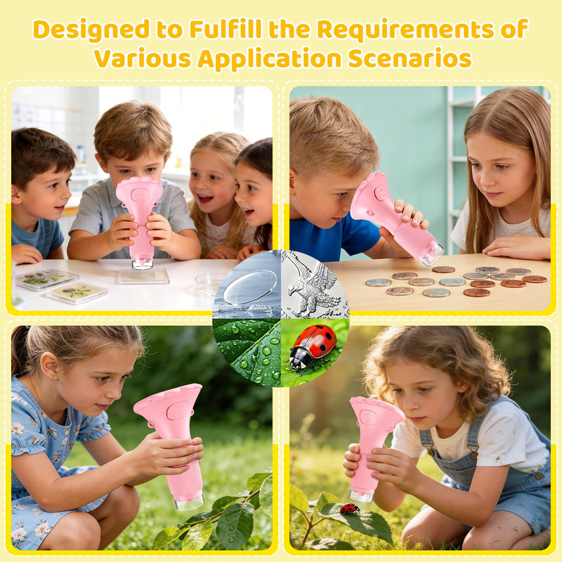Kids Magnifying Glass, 2.0 Inch Digital Screen Mini Pocket Microscope for Bug - 200x Zoom Handheld Microscope with Adjustable Lights, Edu Birthday Gifts for Age 3-12 Girls Pink