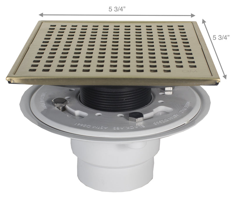 QM Square Shower Drain, Grate made of Stainless Steel Marine 316 and Base made of ABS, Lagos Series Mira Line, 5 inch 3/4, Bronze Finish, Kit includes Hair Trap/Strainer and Key 5 3/4 x 5 3/4