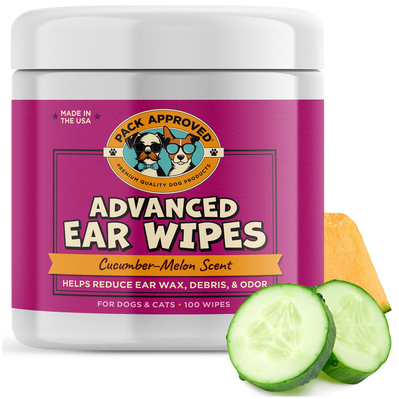 Pack Approved Advanced Ear Wipes for Dogs & Cats with Aloe Vera - Gentle, Non-Irritating Ear Cleaner for Cats and Dogs - Helps Deodorize and Remove Ear Wax - Cucumber Melon Scent (100 Wipes) Regular Wipes