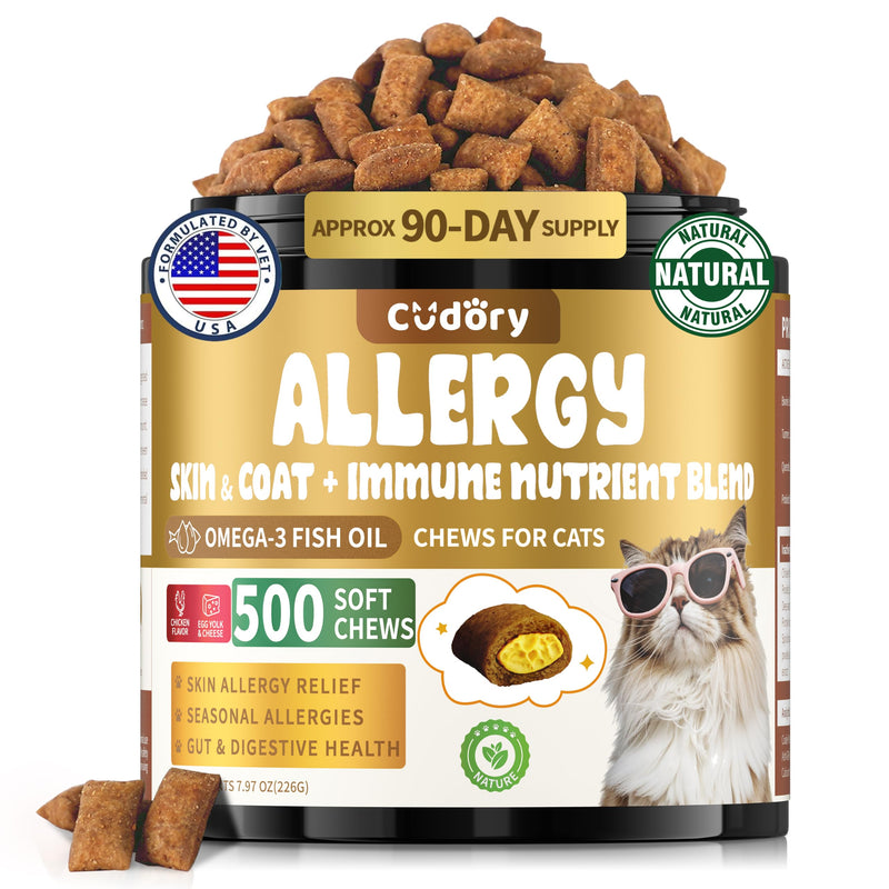 Cat Allergy Relief Chews for Cats, 500 Crunchy & Creamy Treats, Supports Itchy Skin, Paw Licking, Sneezing & Watery Eyes, Omega-3 Fish Oil + Probiotics, Immune Skin & Coat Support(90-Day Supply)