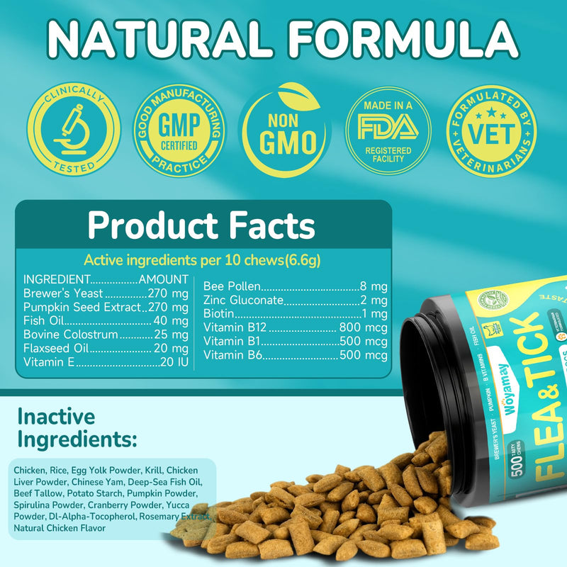 Woyamay 4-IN-1 Flea and Tick Prevention for Dogs, 500 Crunchy Dog Flea Chews, Dog Flea Treatment, Natural Oral Flea Treatment for Dogs, Daily Support for Flea, Skin & Coat, Gut, Immune, Chicken Flavor