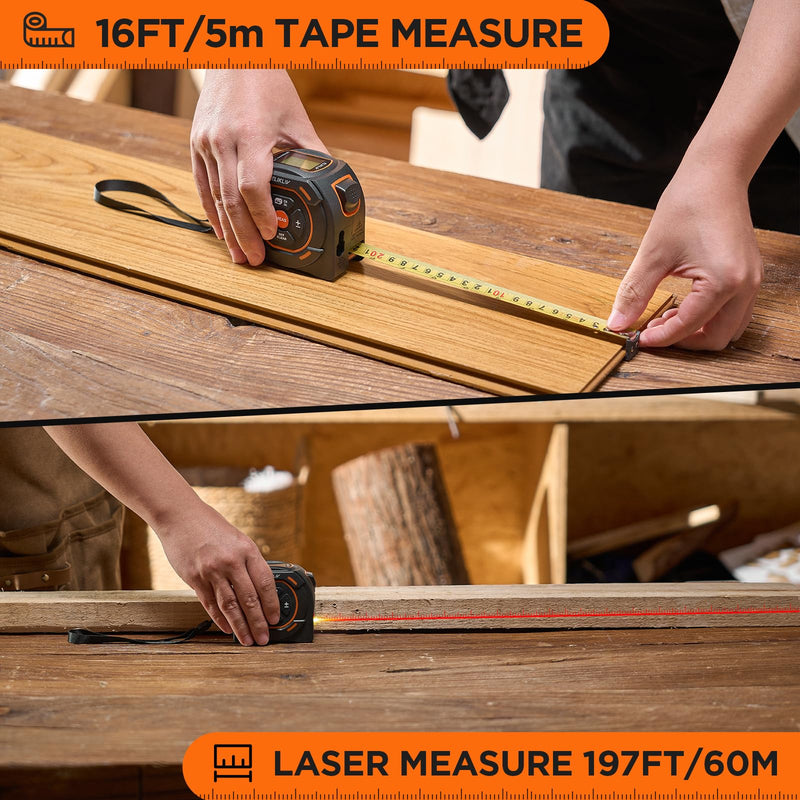 Laser Tape Measure 197Ft Laser Measurement & 16Ft Manual Measuring Digital Tape Measure Support to Pythagorean Mode, Area, Volume, Ft/Ft+in/in/M Unit Distance Meter for Woodworker Tool